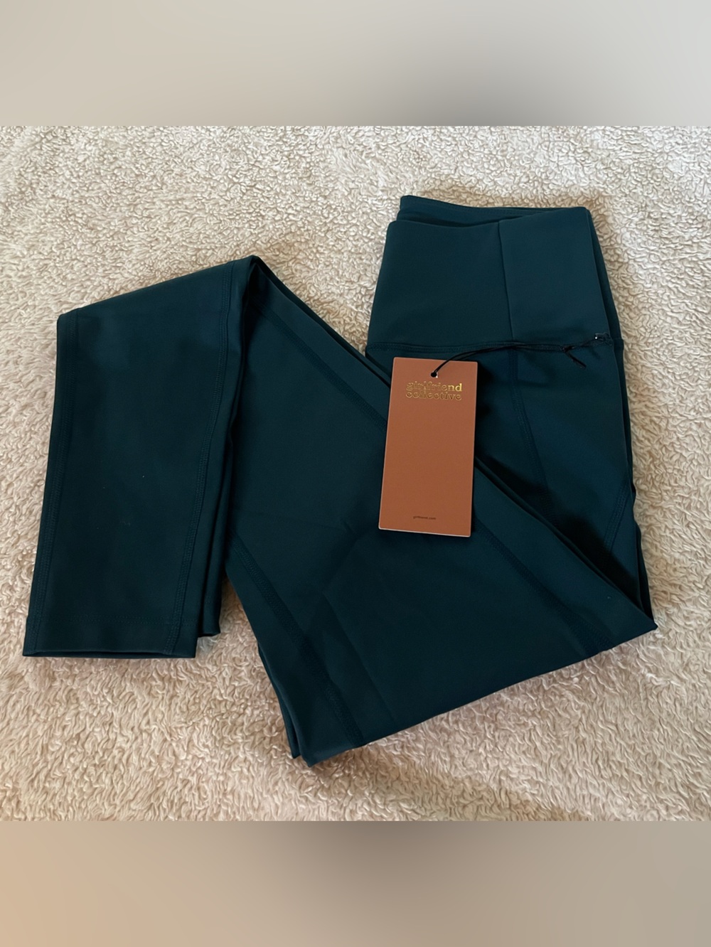 Girlfriend Collective $108 NWT dark teal, high-rise compressive leggings.